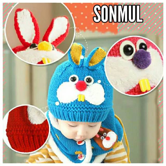 KIDS WINTER BUNNY SET HAT &amp; SCARF KNITTED TOPI DAN SYAL RAJUT ANAK MUSIM DINGIN