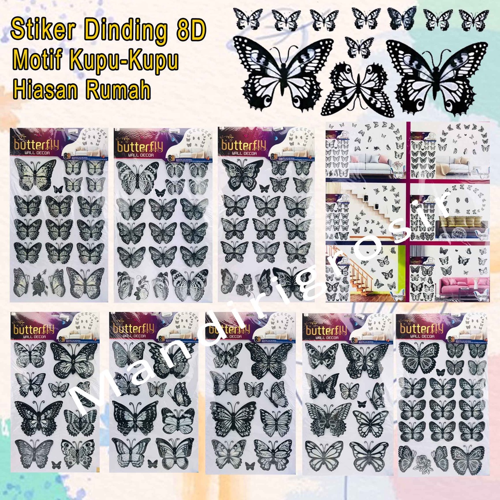 Stiker Dinding 8D *Stiker * Stiker Motif Kupu-Kupu * Hitam Putih