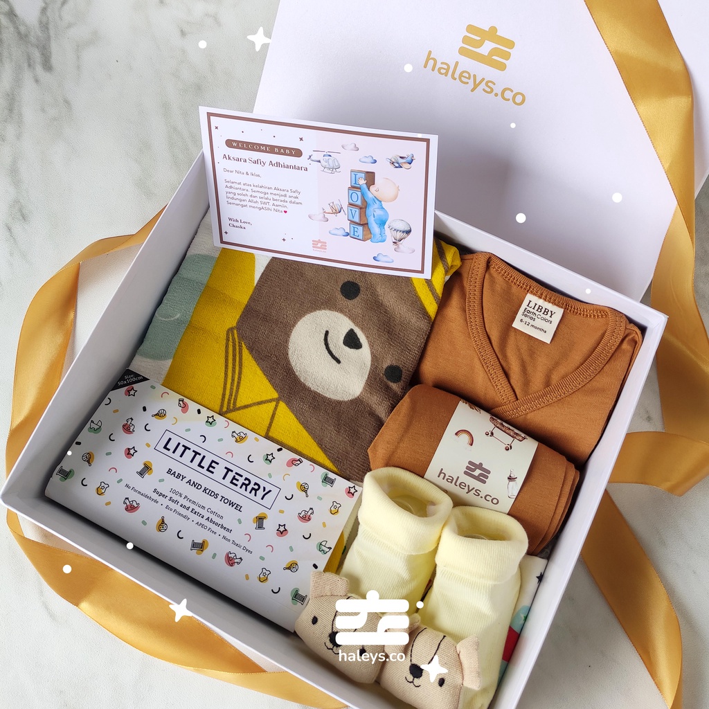 Haleys.co | Baby Hampers Brown Little Terry | Paket Kado Baby Boy Girl 0-12 month | Kado Lahiran Premium | Baby Gift Box |  Kado Bayi | Hampers Baby Boy Girl | Hampers Bayi Laki Laki