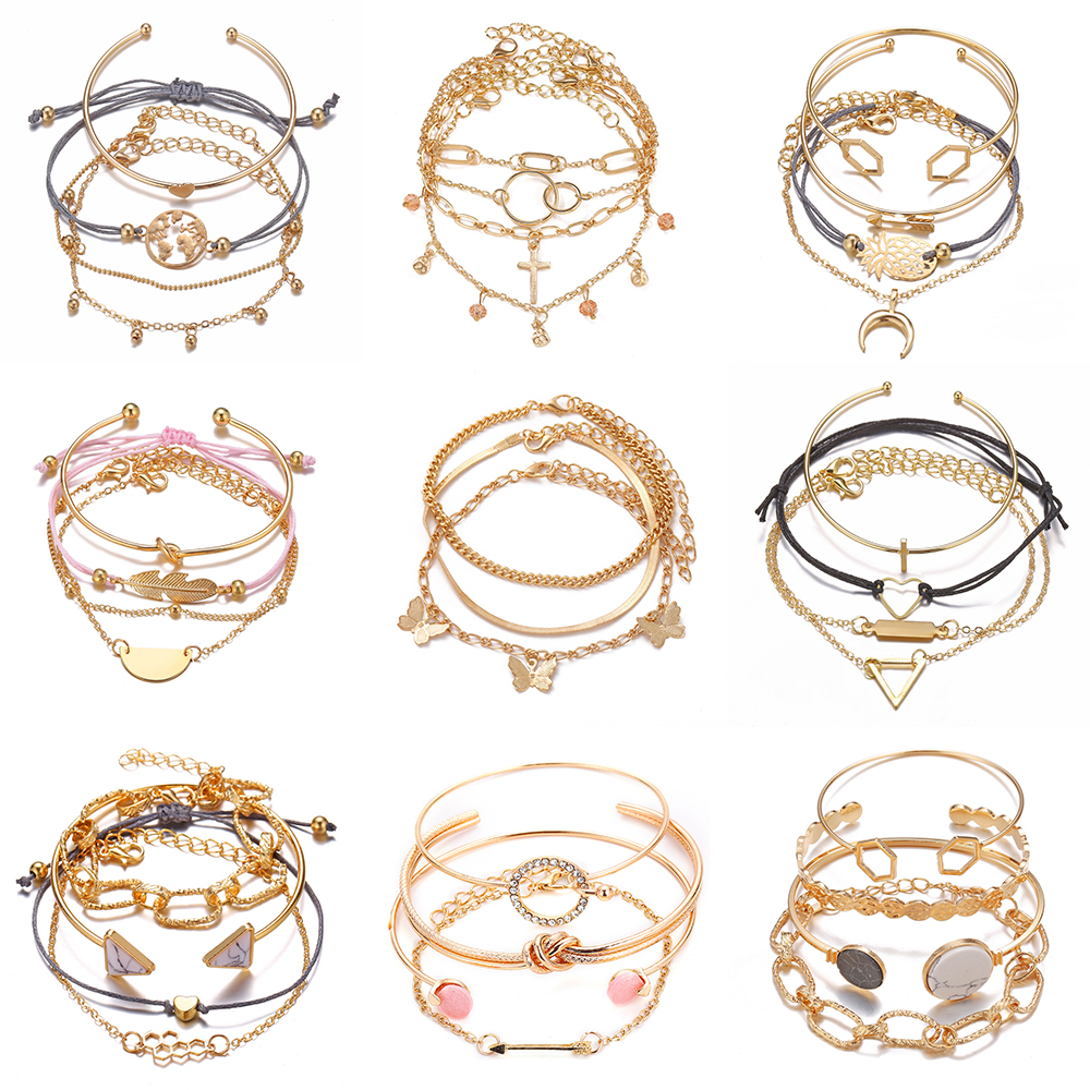 Set Gelang Emas Mode Multilayer Aksesoris Wanita Perhiasan Vintage