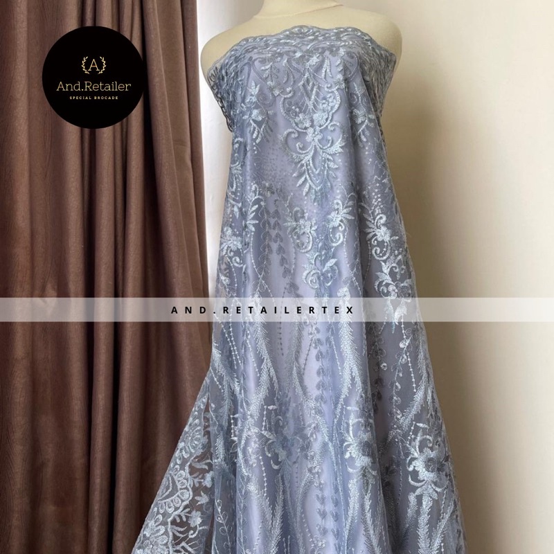 Bahan Kebaya Mewah Brokat Tile Payet Gloria Exclusive Warna Silver Blue