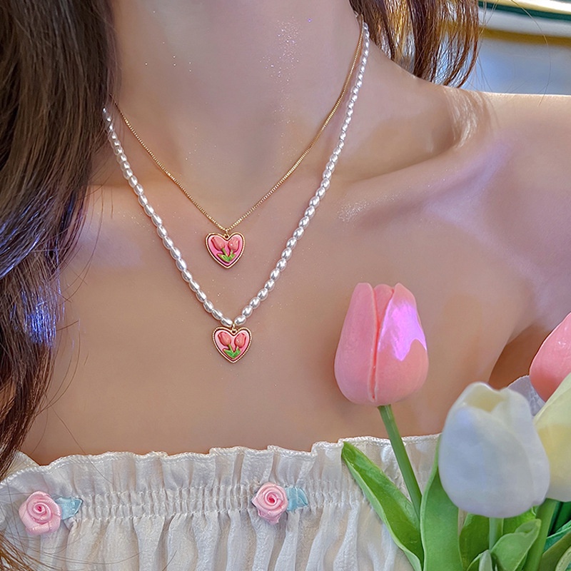 Kalung Rantai Dengan Liontin Bunga Tulip Warna Pink Untuk Wanita