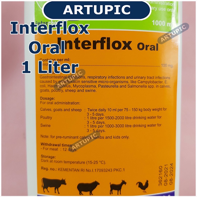 Interflox Oral 1 Liter Obat Flu Diare Ayam Sapi Kambing Kelinci Babi Domba Mengobati infeksi pencernaan pernafasan perkencingan Mycoplasma bakteri Ecoli Haemophilus Pasteurella Salmonella Campylobacter