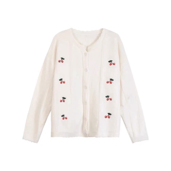 [ready stock] ailee cherry cardigan | atasan putih white simple sweater kardigan knit rajut oversized motif buah ceri gaya korea