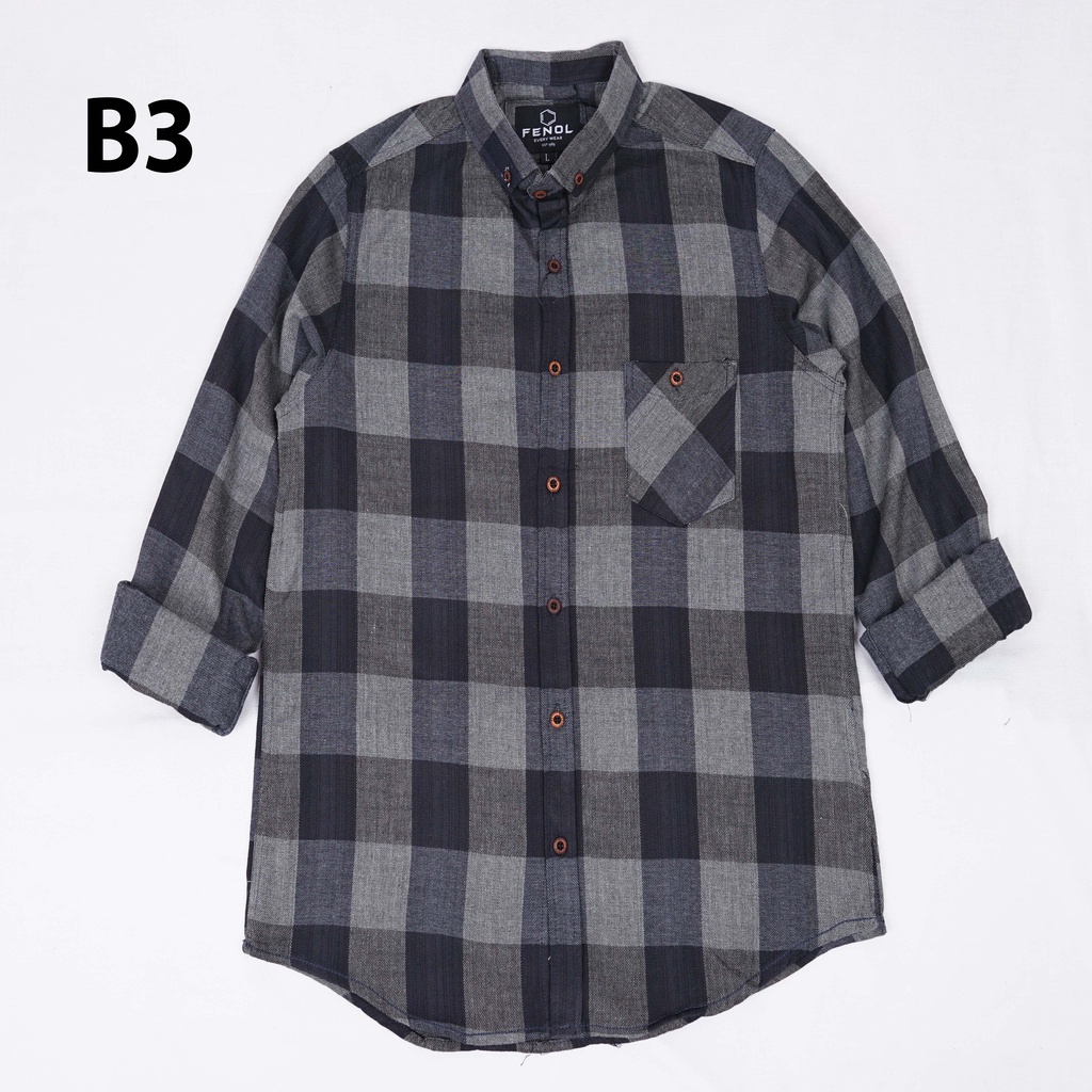 Atasan Flanel Pria Kemeja Lengan Panjang Motif Kotak Abu Abu