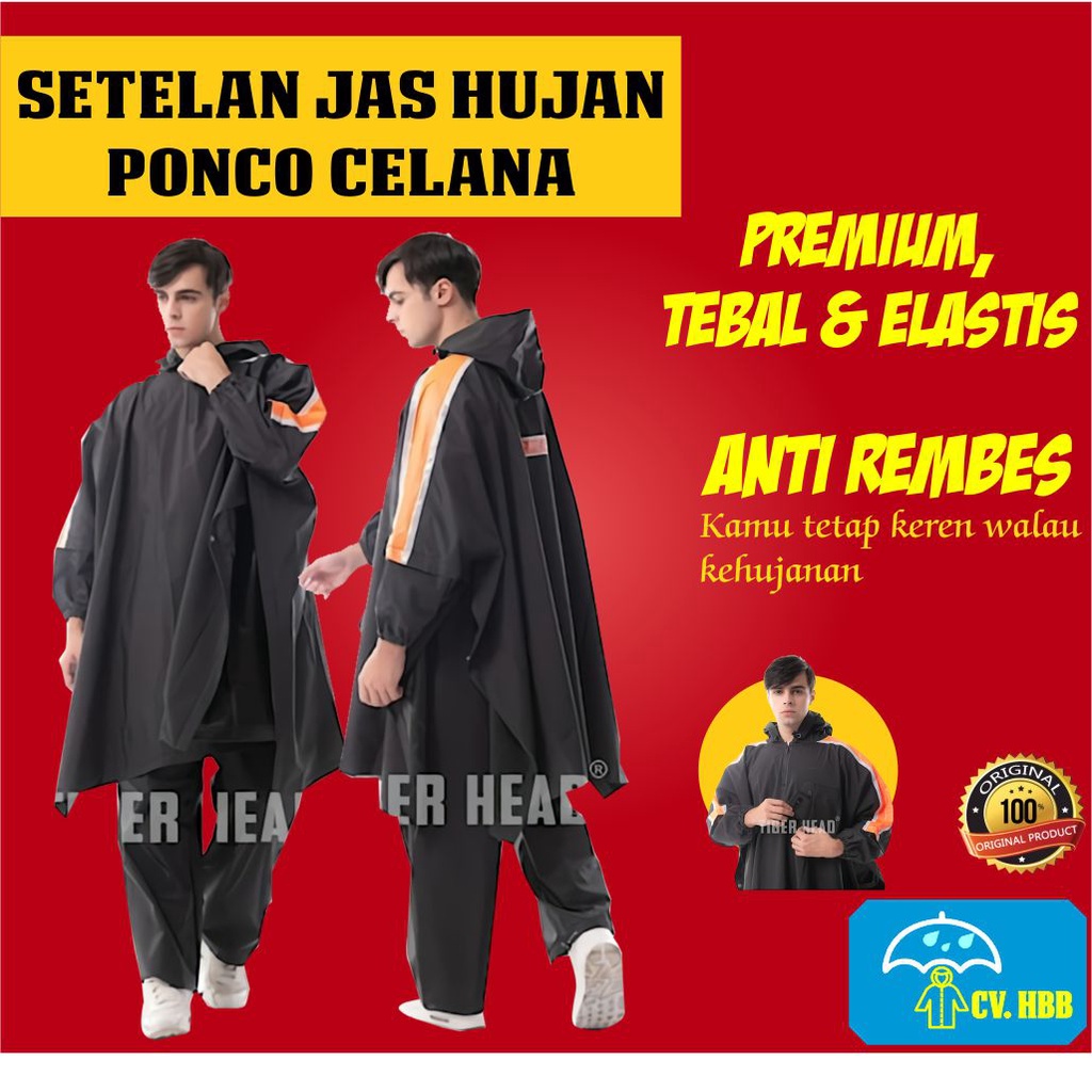 JAS HUJAN TIGER HEAD PONCO LENGAN CELANA JAS UJAN PRIA WANITA KARET TEBAL PVC MANTEL MANTOL SETELAN 