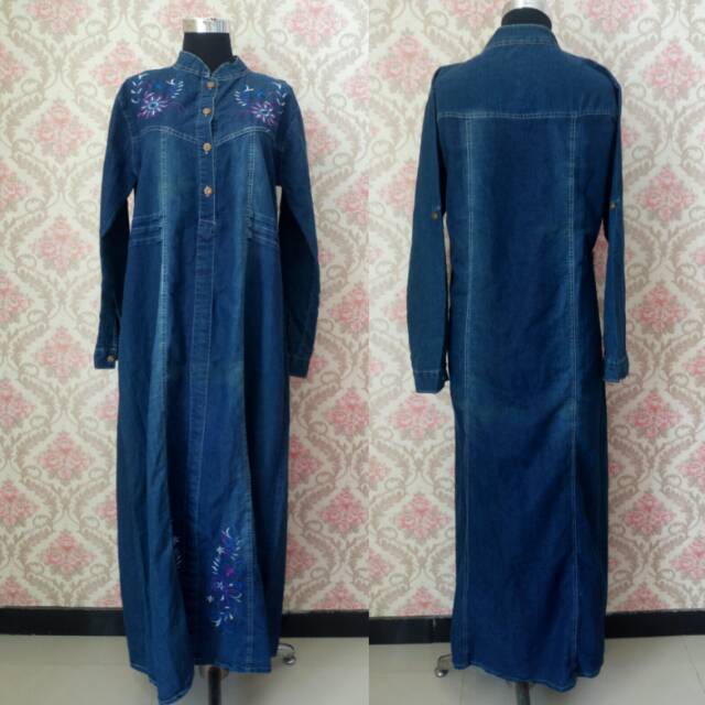 Pakaian Wanita Gamis Denim Longdress Blue Jeans Bordir