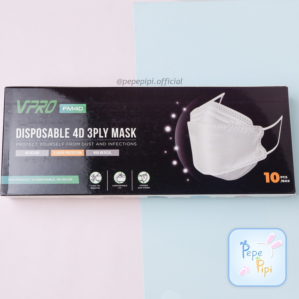 1 Dus Masker 4D Duckbill Vpro Dewasa Non Medis 4 Ply Earloop 10pcs Sekali Pakai Face Mask Disposable