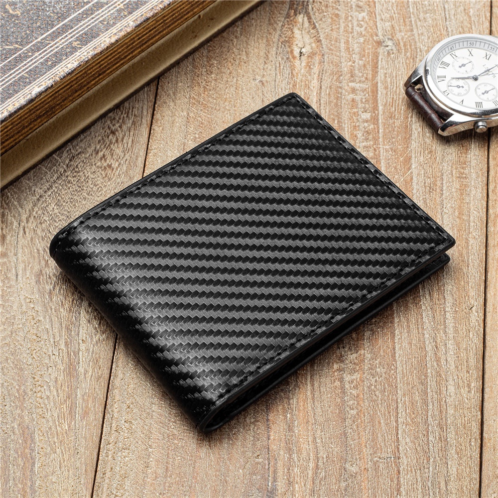 Dompet Lipat Pria dengan Anti RFID Blocking Anti Maling Magnetic RFID Aman untuk Kartu ATM Credit Card Emoney Trans Jakarta Kartu Akses Masuk Genuine Leather Men's Card Holder Carbon Fiber Grain Anti-theft Brush Wallet Cowhide Short RFID Wallet