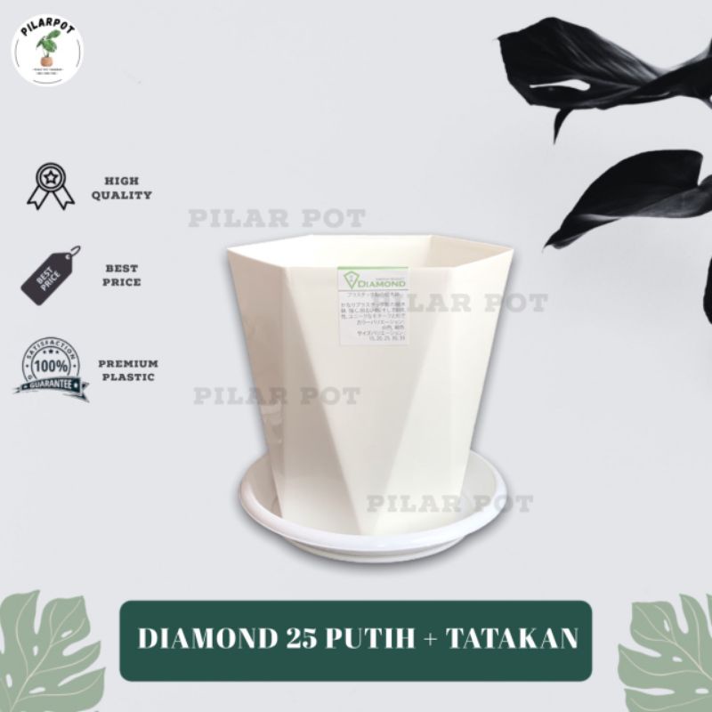 POT BUNGA TANAMAN TINGGI TABITHA DIAMOND 25 PUTIH + TATAKAN PUTIH