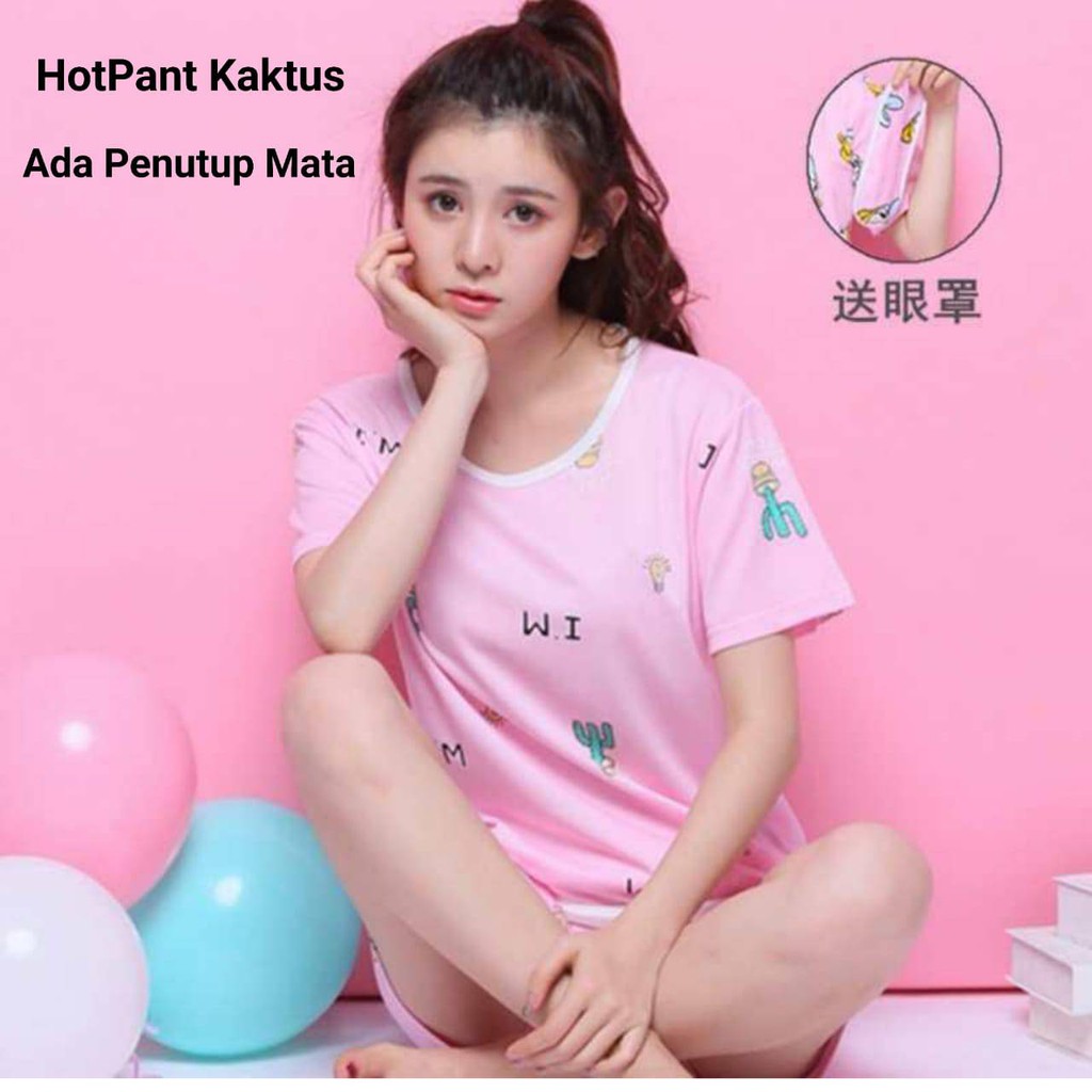 Piyama HotPant + Penutup Mata Kaktus Impor Dewasa