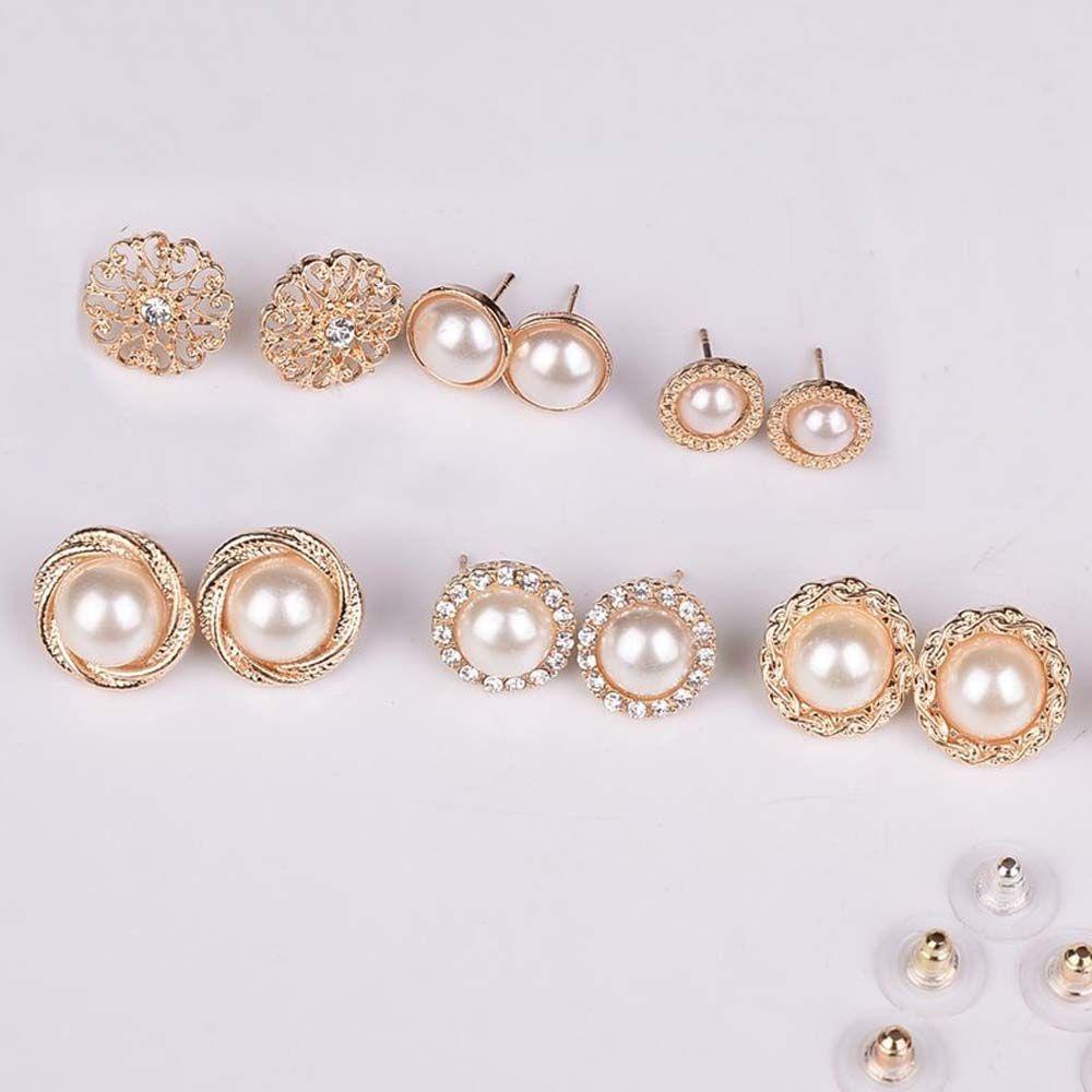 Mxbeauty 6 Pasang / Lot Anting Tusuk Retro Vintage Bentuk Bunga Warna Emas Hias Mutiara Imitasi Untuk Wanita