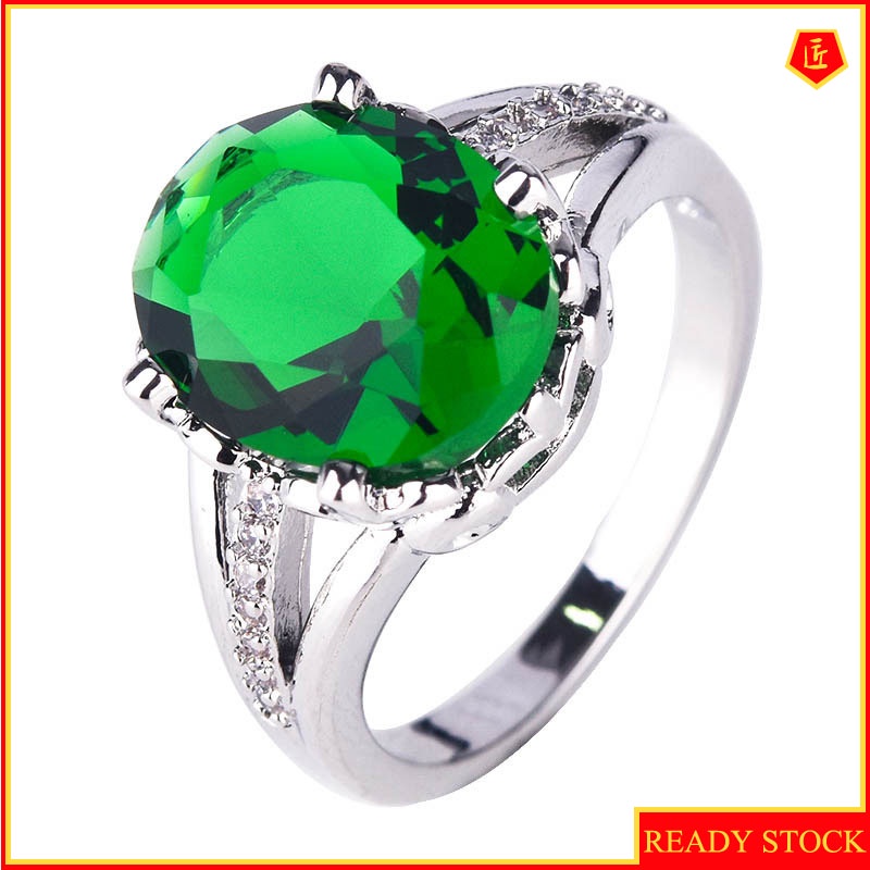 [Ready Stock]Fashion Elegant Green Colored Gems Ring Female 925 Silver