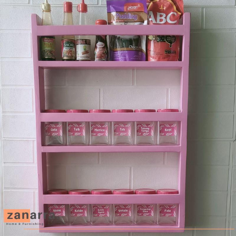 Rak Bumbu Dapur Shabbychic Pink Model Susun Free Toples Bumbu dan Stiker Bumbu by Zanarra