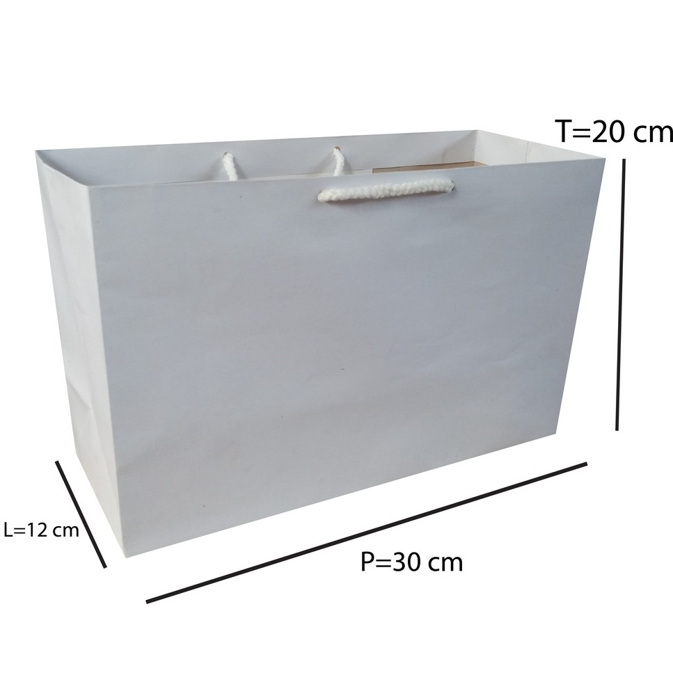 

Paper Bag Polos Putih Bahan Kertas Kraft Ukuran PxLxT 30x12x20 Murah Bagus Kuat Berkualitas Mantab Cocok untuk Wadah BOX KADO