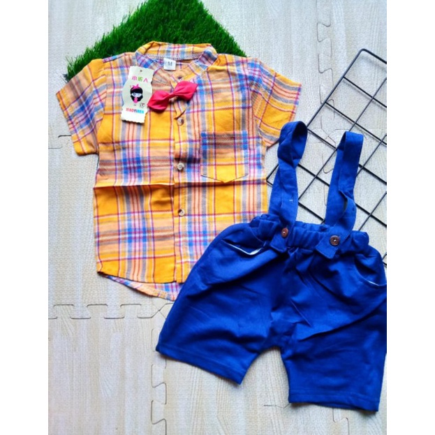 SETELAN KEMEJA ANAK LAKI LAKI IMPORT 0-4 TAHUN SUSPENDER FREE DASI MOTIF KOTAK / SETELAN KEMEJA SUSPENDER ANAK COWOK IMPORT 0-4 TAHUN