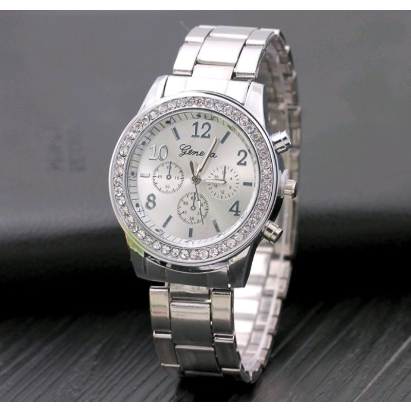 Jam Tangan Diamond Stainless Wanita Modern Model Terbaru-Silver