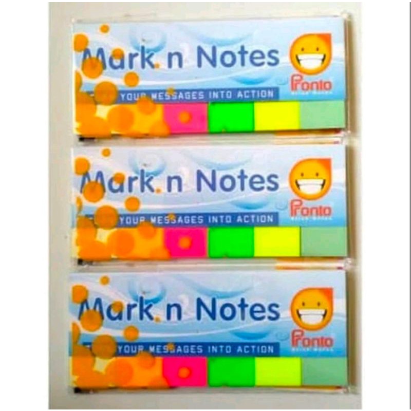 

Mark n Notes Pronto Harga yg tertera adalah harga 5 pack kecil Spesifikasi : Warna : Cream, Orange, Pink, Green, Yellow, Soft Green Isi : 40 lembar stick note per warna. Ukuran : 20 mm x 50mm per stick note Berat : 25gr/pak.