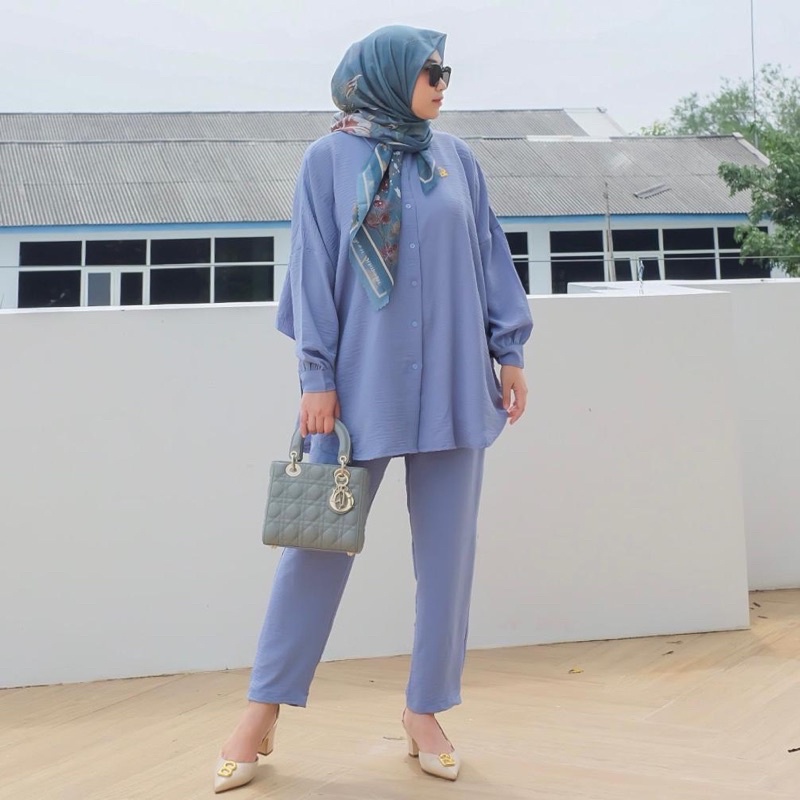 DYN  Basic Anara set Part 6- One Set Atasan + Celana Crinkles-Ocean