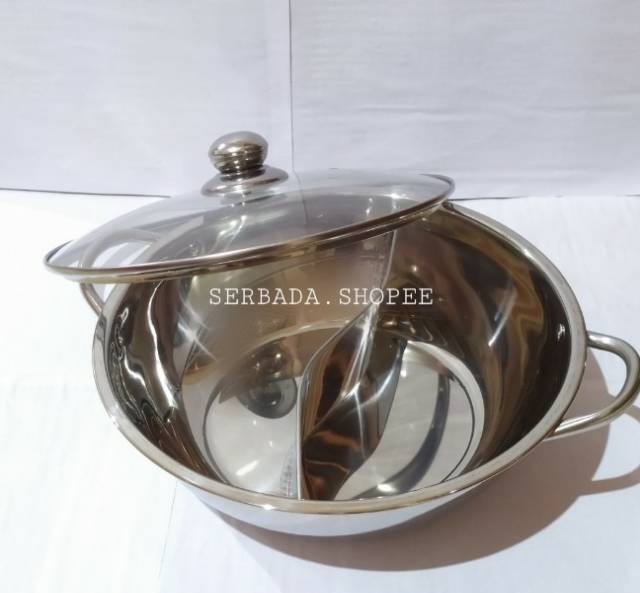 A1 Panci 2 Sekat Stainless Steel Tutup Kaca 28 Cm Hot Pot Steamboat Panci Shabu Shabu