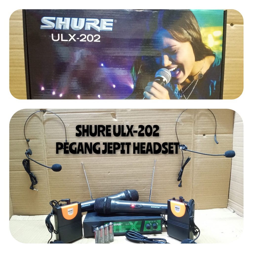 MIC WIRELESS SHURE ULX 202 DOUBLE HANDLE CLIP ON DAN HEADSET / DOUBLE PEGANG KLIP ON DAN HEADSET