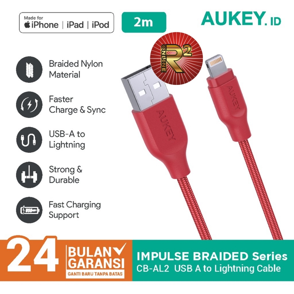 Aukey Cable CB-AL2 2.0M Lightning Braided MFi Iphone Original Garansi Resmi Aukey