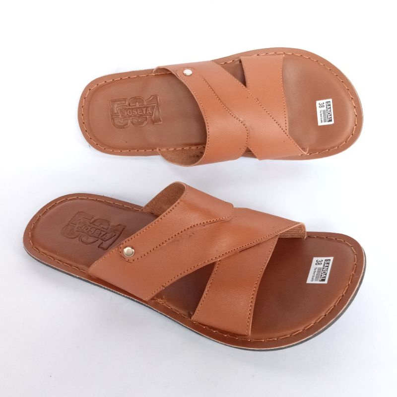 Sandal Pria Slop Kulit, Sendal Selop Pria, Sandal Slop Ban 2-Coklat2