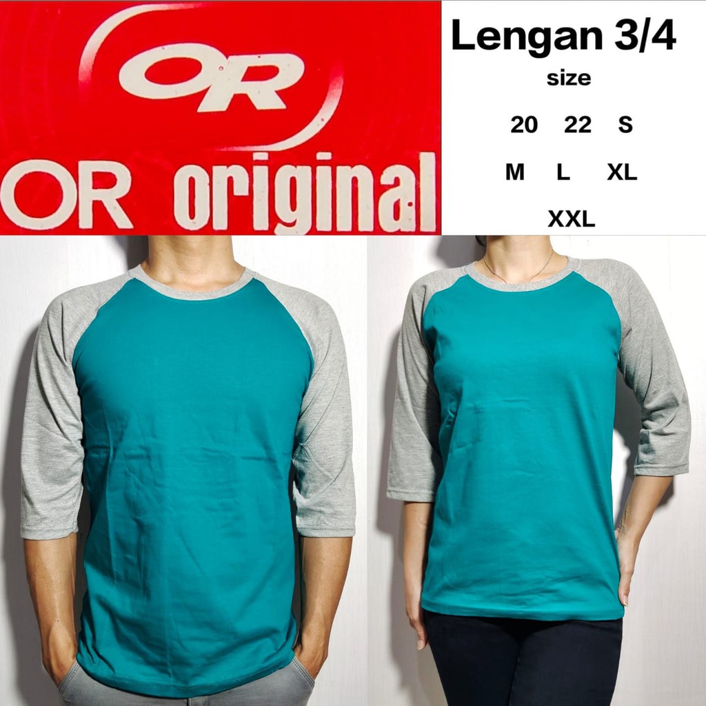 kaos polos reglan hijau tosca lengan abu misty 3/4 20 22 S M L XL XXL