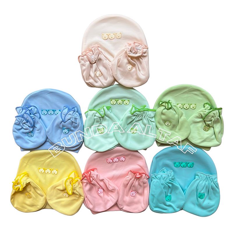 Topi Bayi Kupluk Polos 1 set ( Topi+Sarung Tangan+Sarung Kaki ) / Set Topi Bayi 3in1