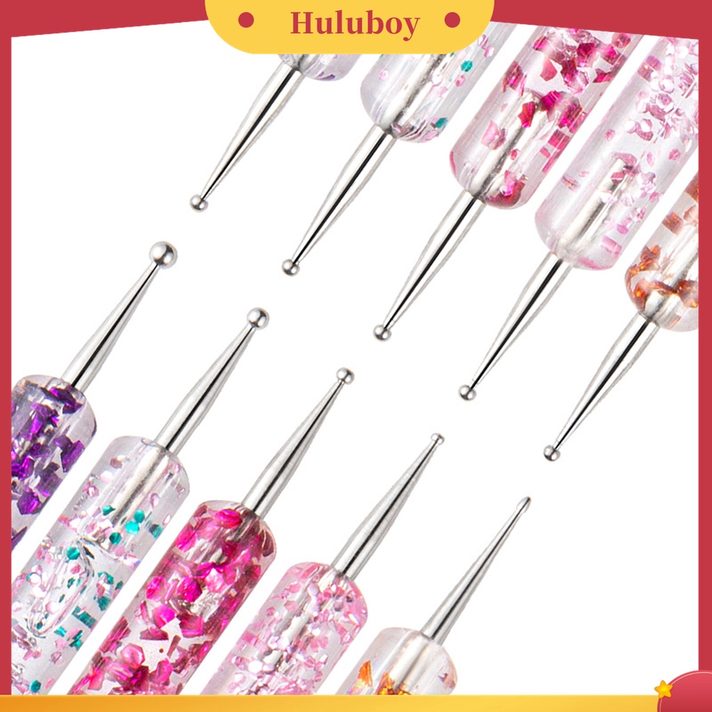 Huluboy Huluboy♡ 5pcs / Set Dotting Pen Kepala Ganda Bahan Akrilik UV Gel Motif Print Bunga Untuk Manicure