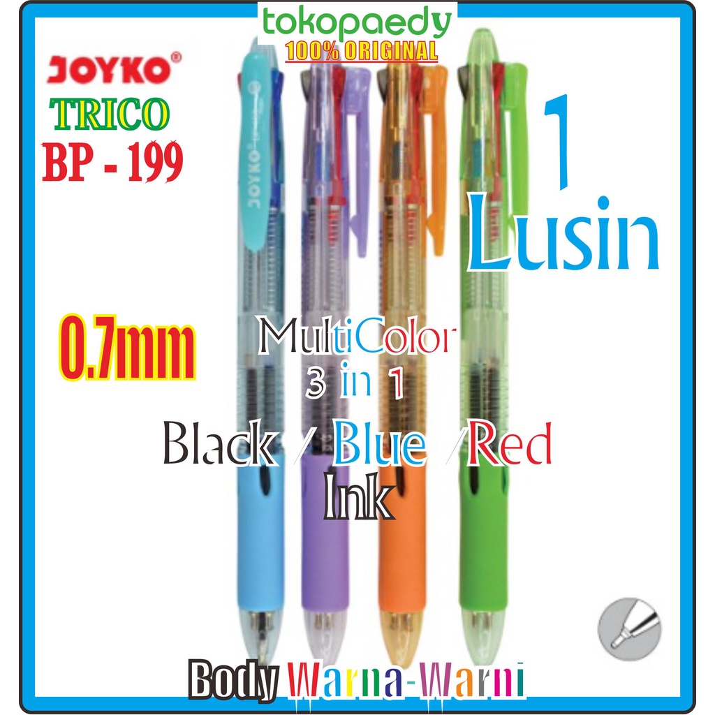 

[PERLUSIN] JOYKO Pulpen BP 199 TRICO /3 Colors -Black Blue Red 0,7mm -1Box (12Pcs) /Joyko BP-199 ORI