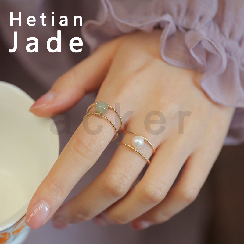 Cincin Ganda Manik-Manik Giok Hetian Alami Gaya Vintage Untuk Wanita