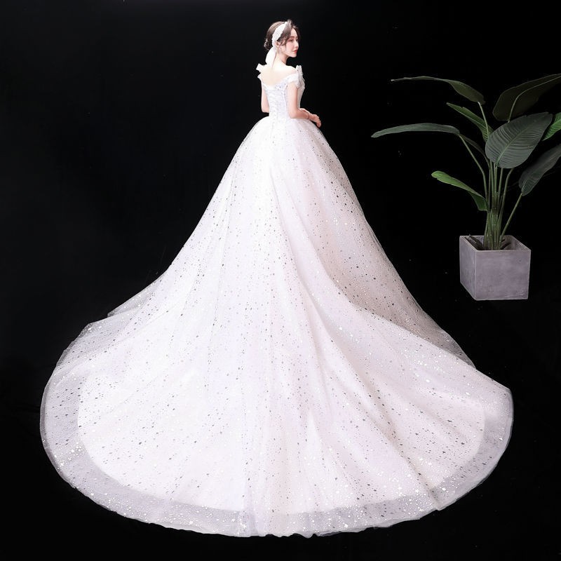 156 White Bling Bling Off Shoulder Long Tail Women Party Wedding Gown Dress Bridal Wedding Dress