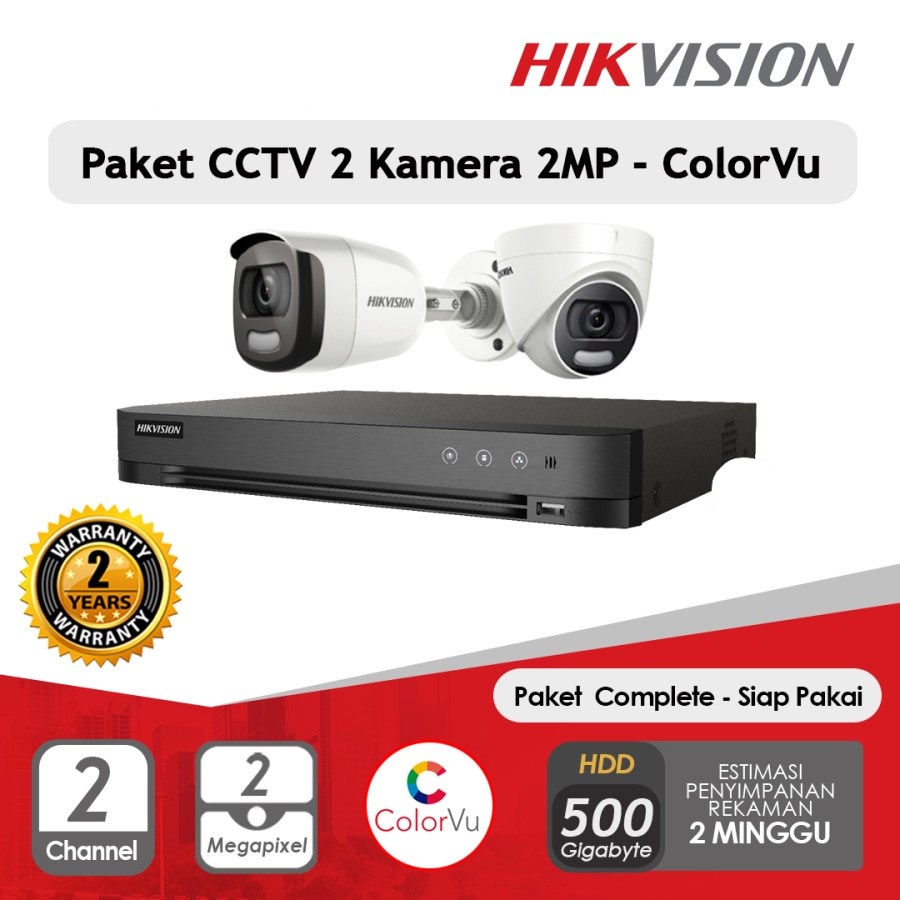 Paket CCTV HIKVISION 2MP 2 Kamera COLORVU HDD 500GB Siap Pasang