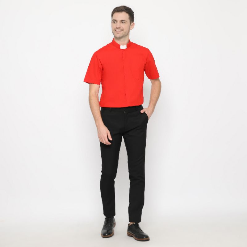 Pendeta - Kemeja Collar Maroon Panjang Polos - Cotton Tropical - Jos Miracle Bandung - Miracle - JMB