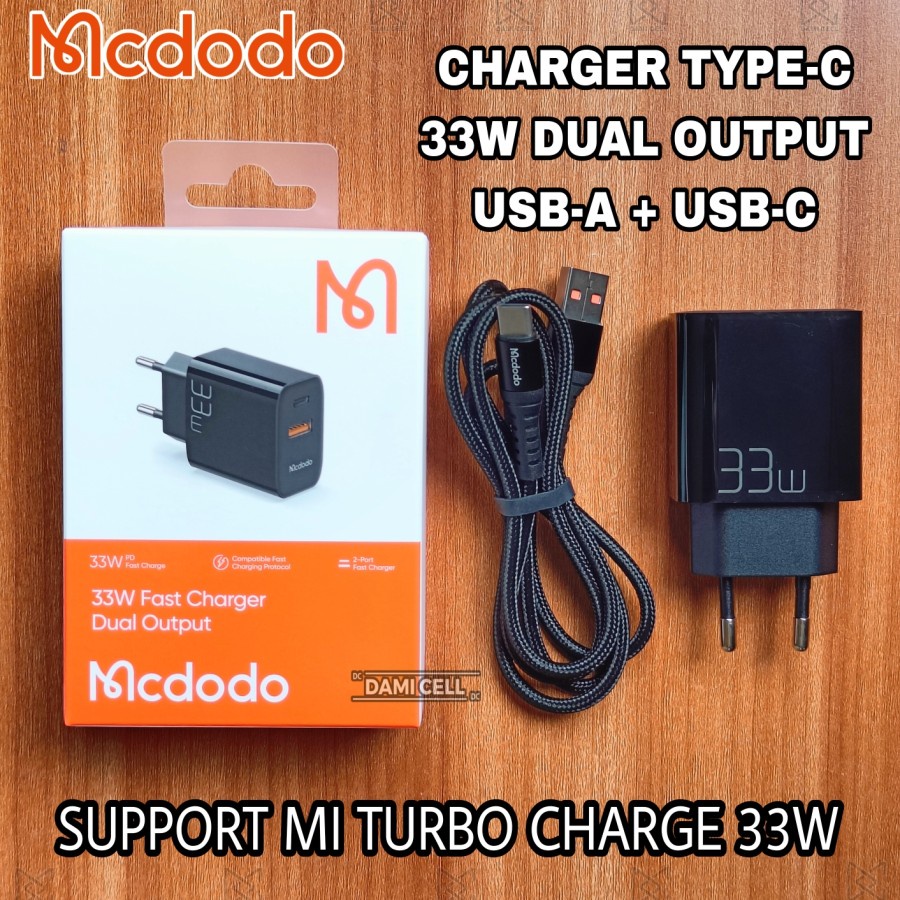 CHARGER TYPE C TURBO 33W DUAL OUTPUT USB A + USB C ORIGINAL MCDODO