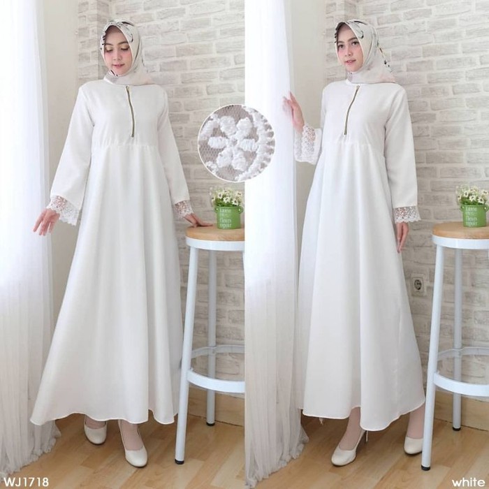 GAMIS SYARI PREMIUM- WHITE ZIP FIT TO XL BAJU GAMIS WANITA REALPICT DRESS ORI - Putih, Fit To XL