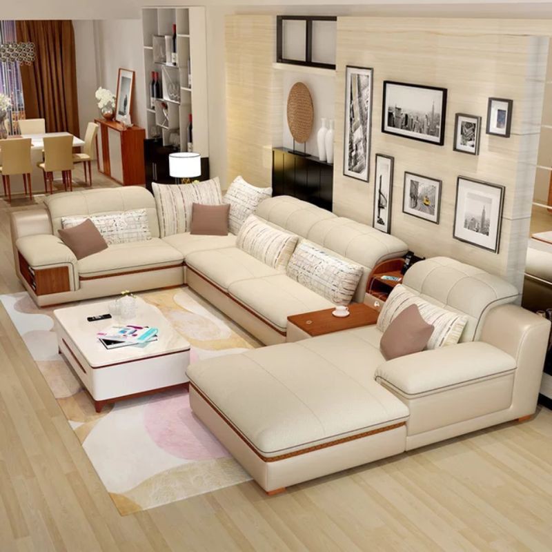 Sofa Ruang Tamu Minimalis Modern / Leter U Terbaru (Full Kulit) Letter U Cream
