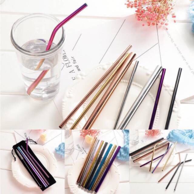 Sedotan stainless steel reusable straw minuman 1 set 5 items