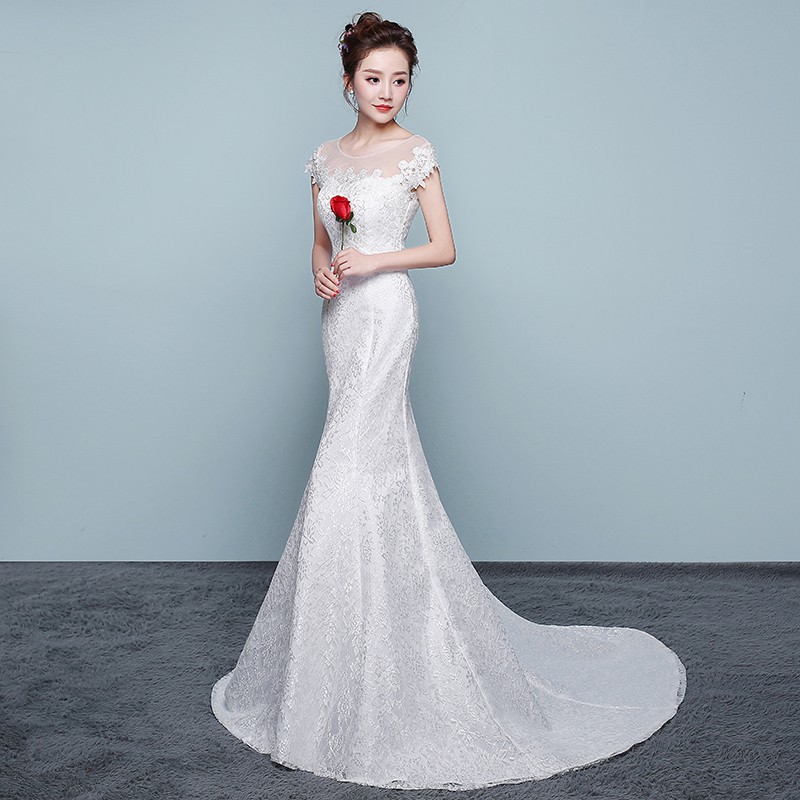 Putih Fishtail gaun pengantin Renda Slim Mermaid panjang gaun pesta pernikahan