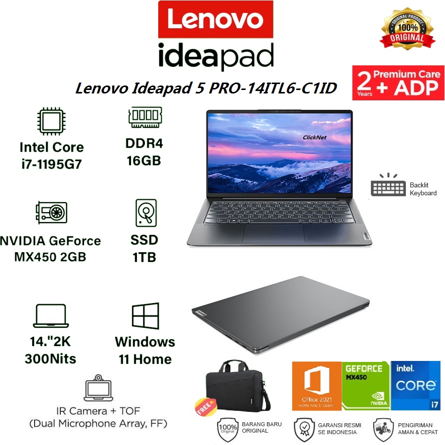Lenovo Ideapad 5 PRO-14ITL6-C1ID Intel i7-1195G7 16GB 1TB SSD 2.2K MX450 2GB WIN11 OHS