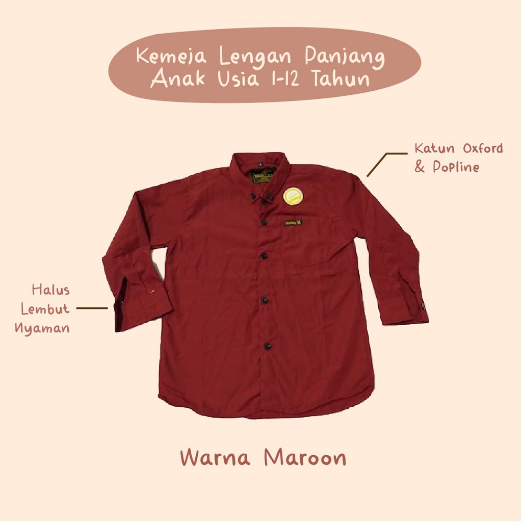 Baju Kemeja Hem Anak Laki Laki Warna Merah Maroon Kameja Anak Cowok Lengan Panjang Umur 1 2 3 4 5 6 