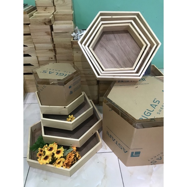 akrilik kotak hantaran hexagonal mahar seserahan 1 set segienam