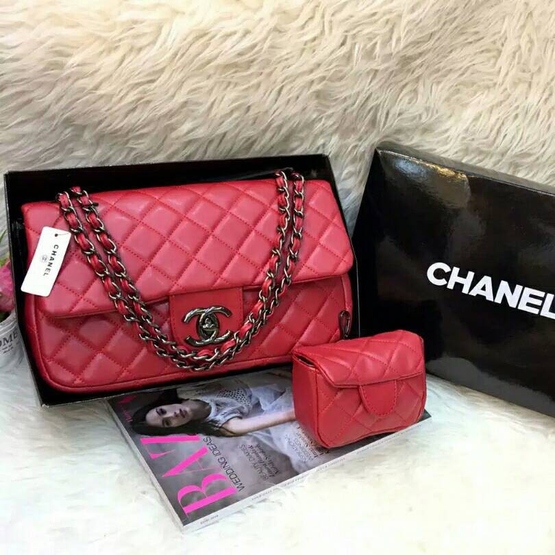 Terbatas Tas Wanita Branded Chanel Maxi Anak Set Pouch Black Nickel Warna Merah