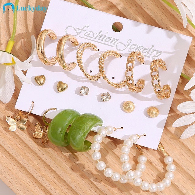 YEEZII 12 Pcs / Set Anting Stud Bentuk Kupu-Kupu Hati Aksen Mutiara Bahan Resin Gaya Korea Untuk Wanita