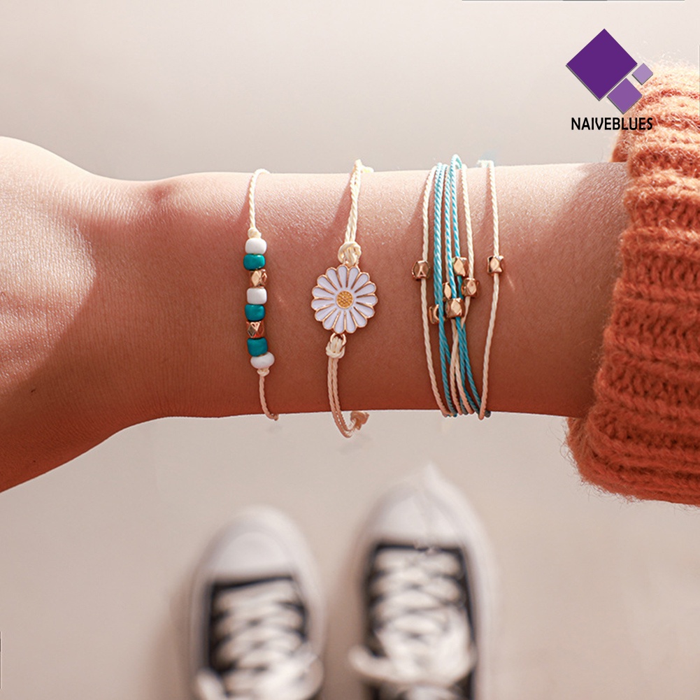 3pcs / Set Gelang Tali Manik-Manik Bunga Gaya Bohemian Untuk Wanita