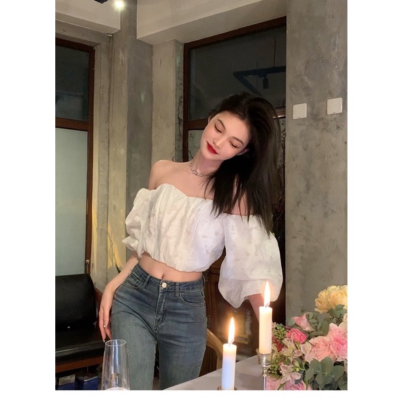 BKY - Korean Off Shoulder Crop Top Lace Puff Sleeves - Hyuna