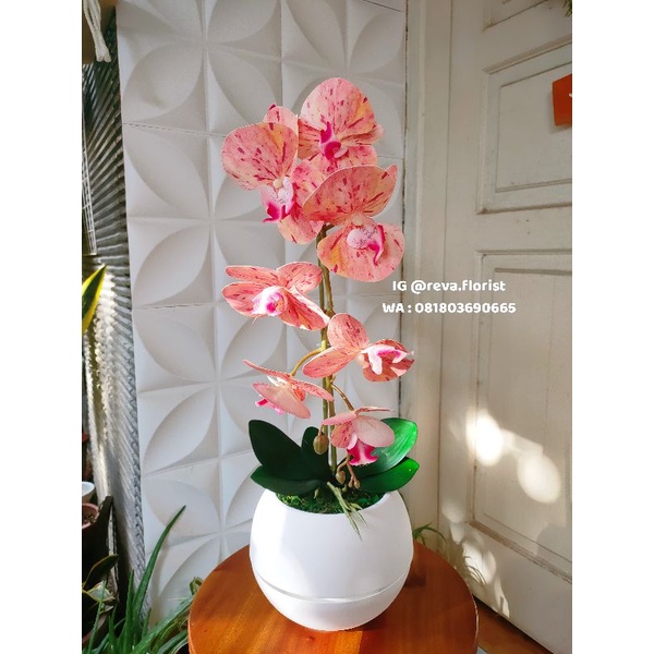 bunga anggrek latex 9 kuntum dengan pot bola (artificial/palsu)