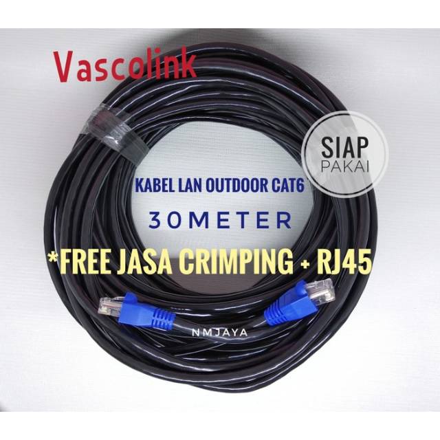 Kabel Lan Outdoor 30 Meter FTP CAT6 Siap Pakai sudah dicrimping rj45 besi dan plugbooth Vascolink Warna Hitam