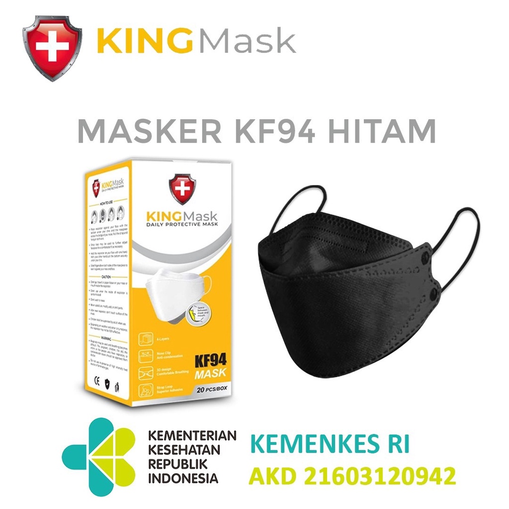 KINGMASK KF94 1Box 20Pcs Korean Style 4ply - 1 Box 20 Pcs Hitam / Putih 5 PLY KN95 KN94 Anti Ear Pai